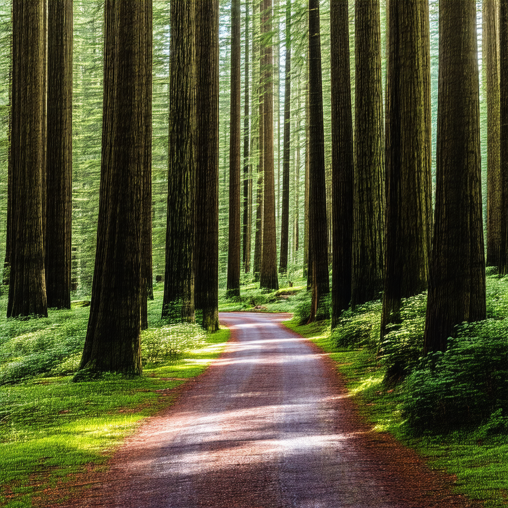Lush green forest with a dirt road running through it