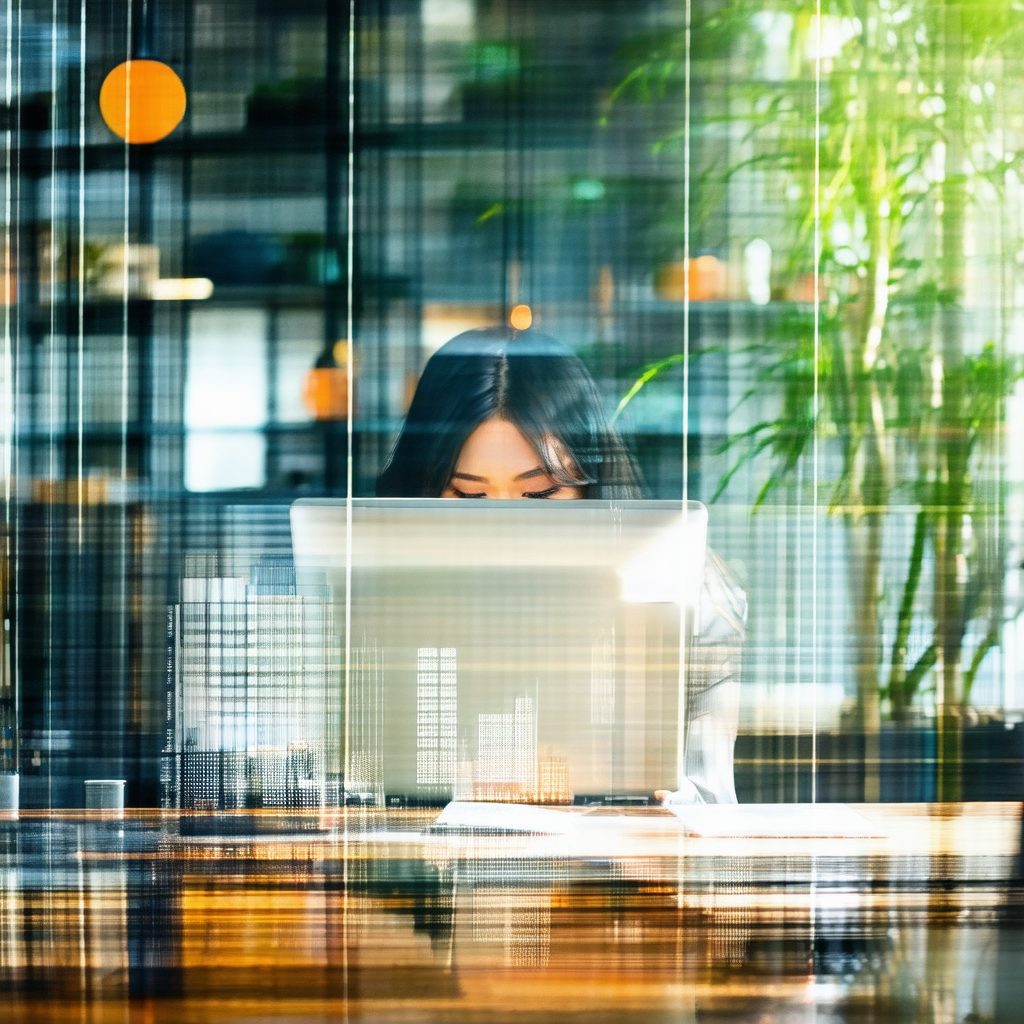 Woman sitting at a desk, working on her laptop