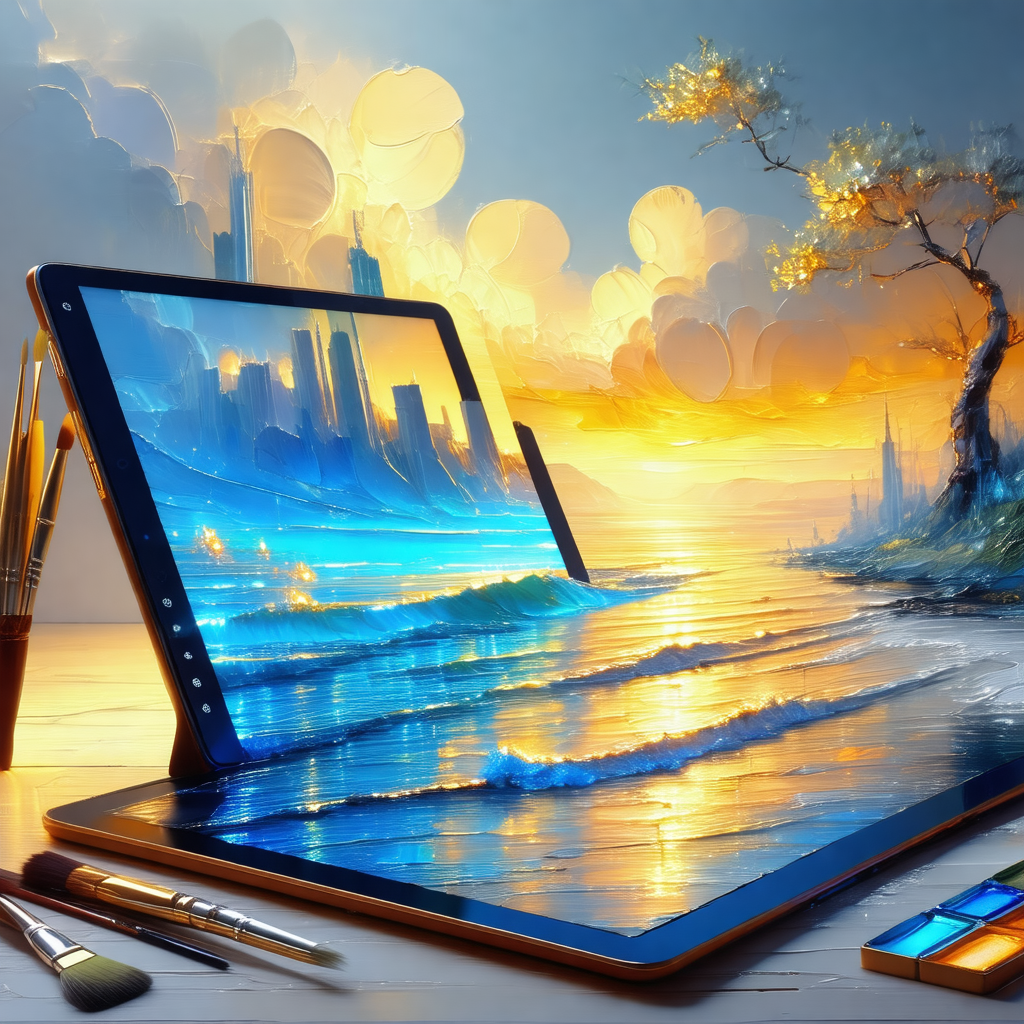 Laptop computer with a painting of a beach displayed on i...