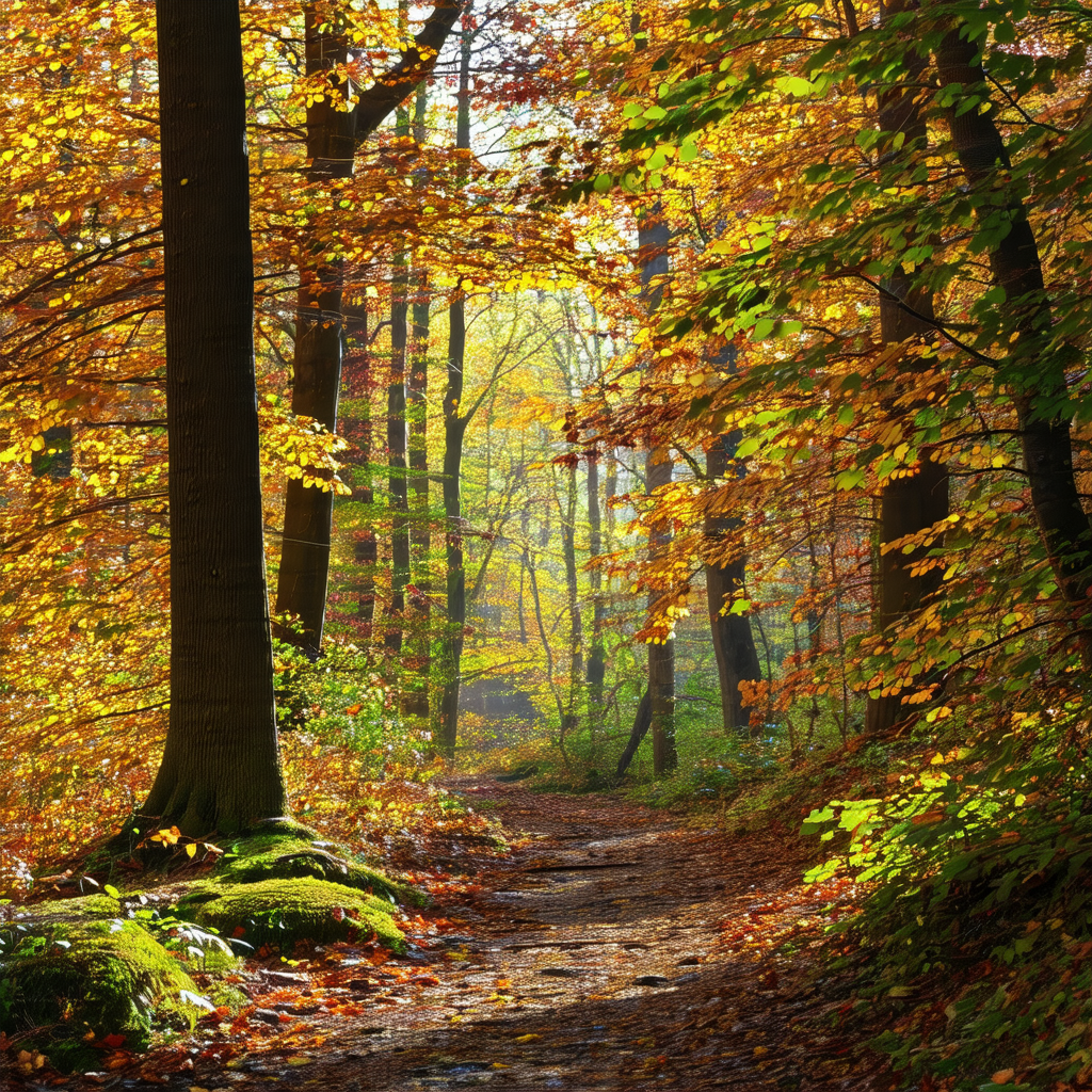 Beautiful forest scene with a dirt path surrounded by trees