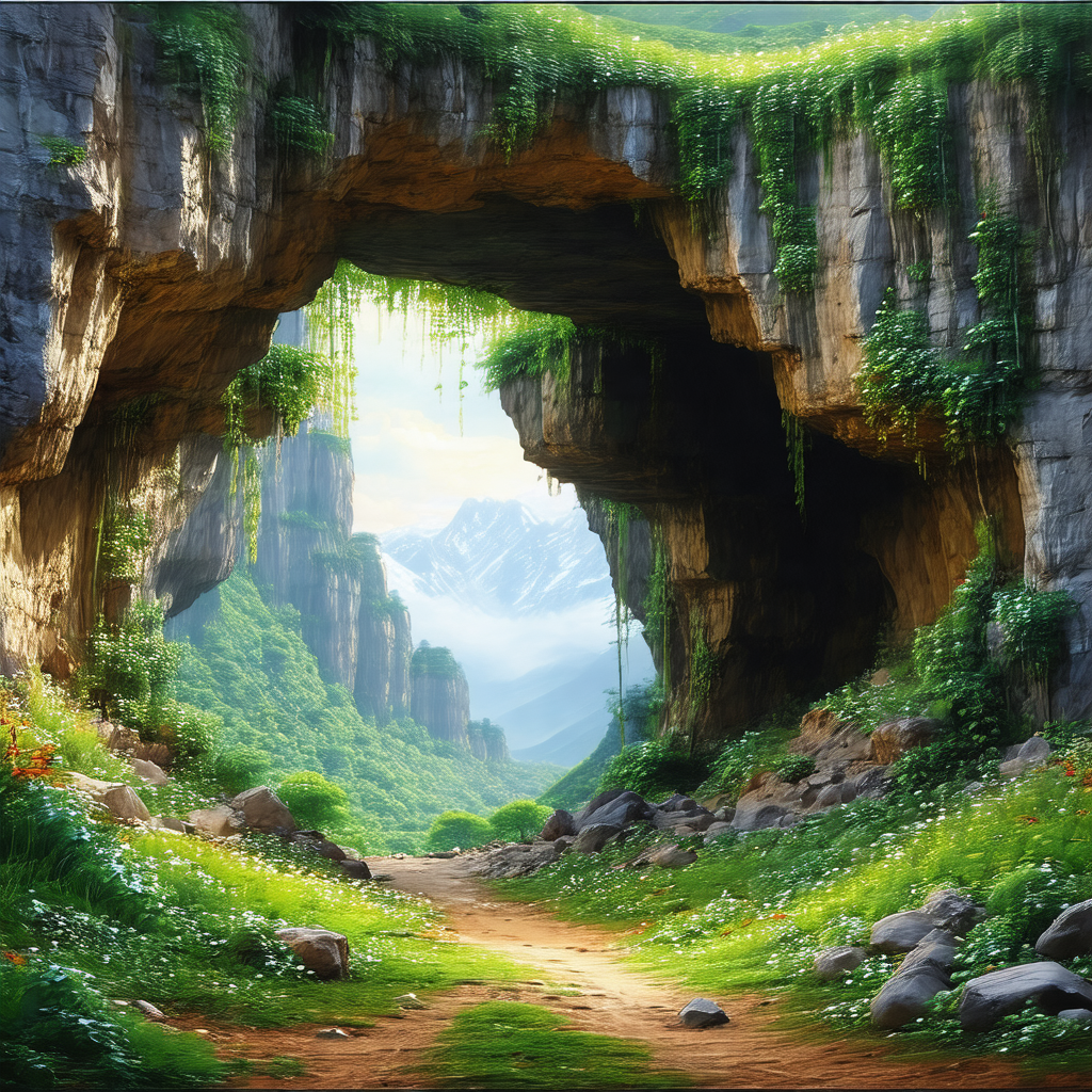 Painting of a mountainous landscape with a path leading t...