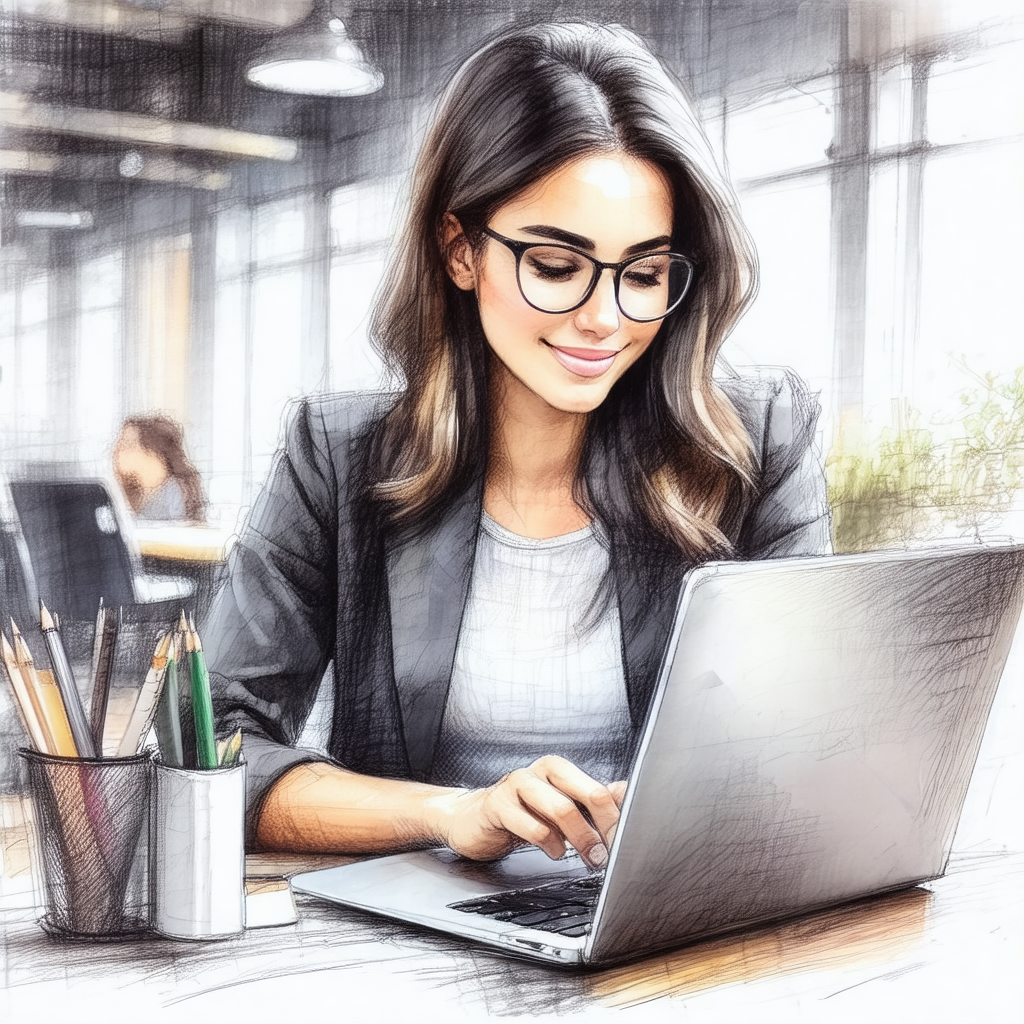 Woman sitting at a desk, working on her laptop