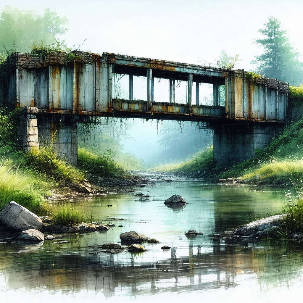 Large, rusty bridge that spans across a river