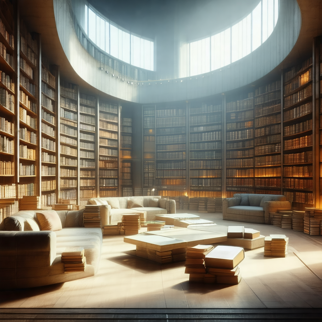 Black and white photo of a large library filled with book...