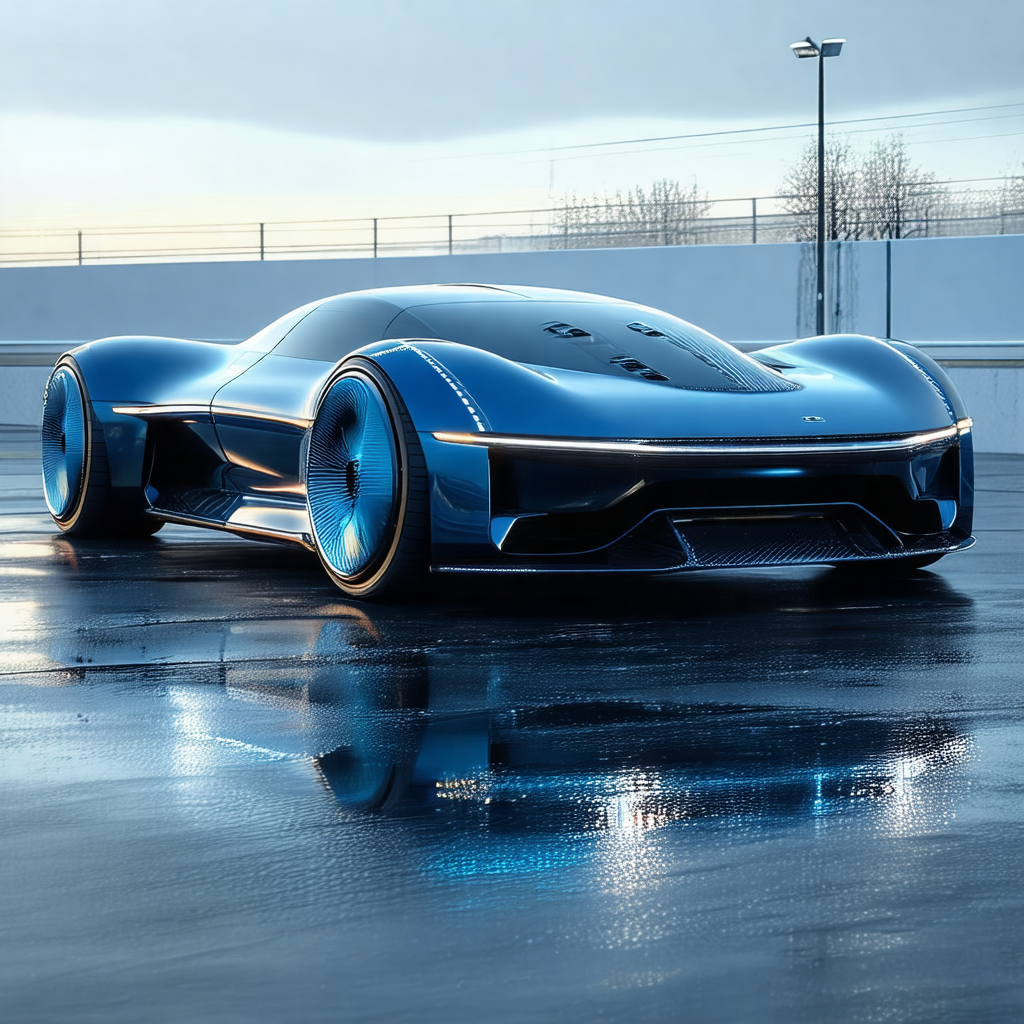 Sleek blue sports car parked on a wet road