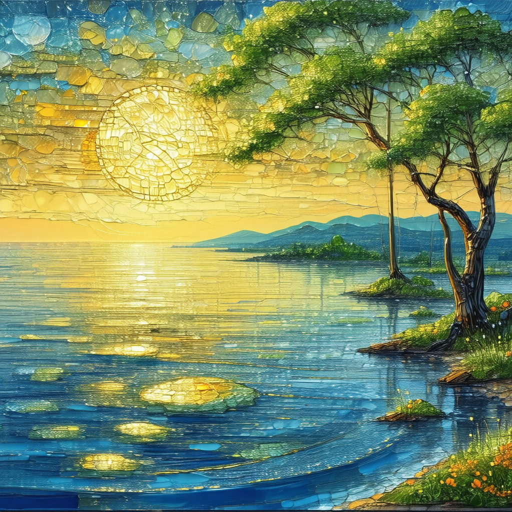 Beautiful sunset over a body of water, with a tree standi...