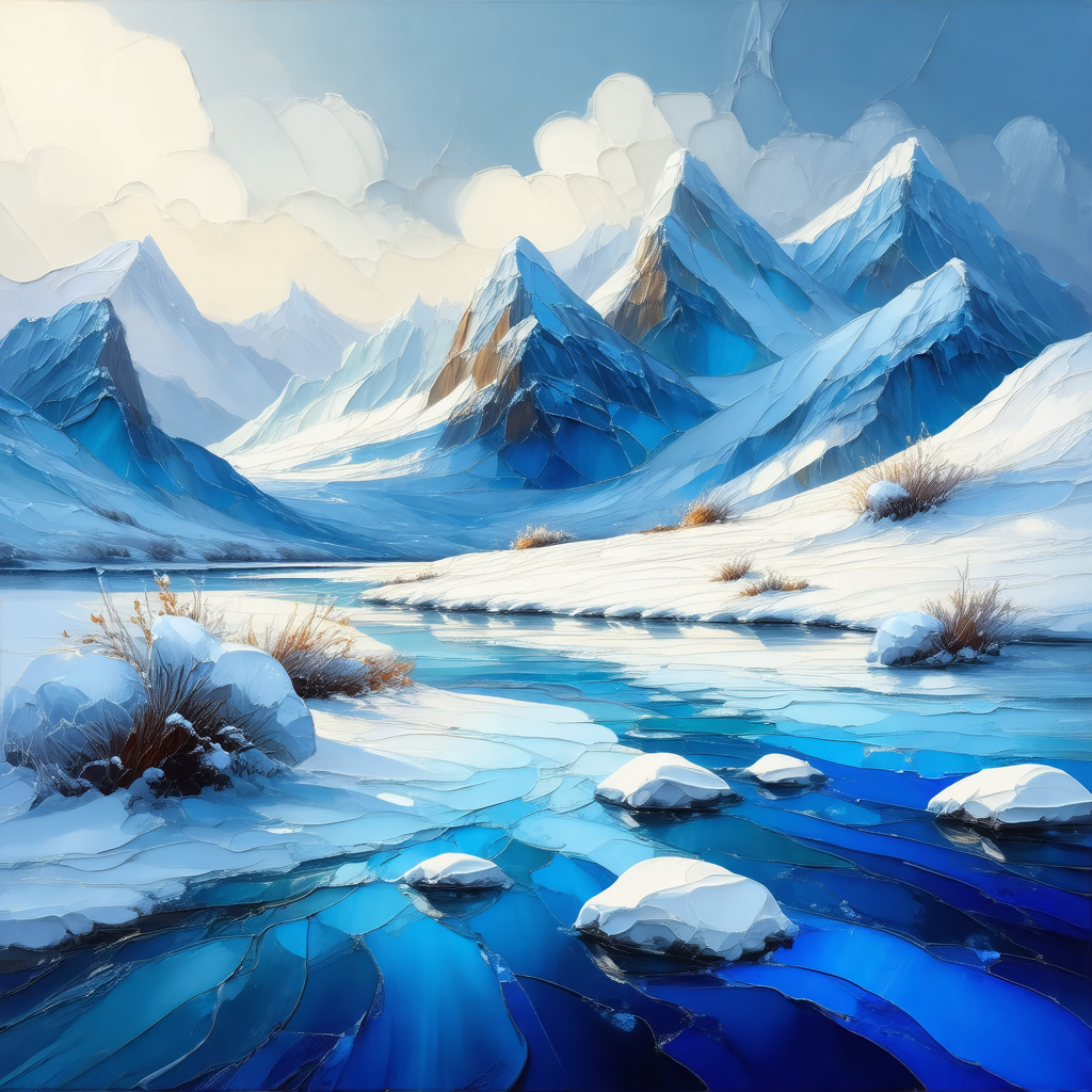 Beautiful snow-covered mountain range with a river flowin...