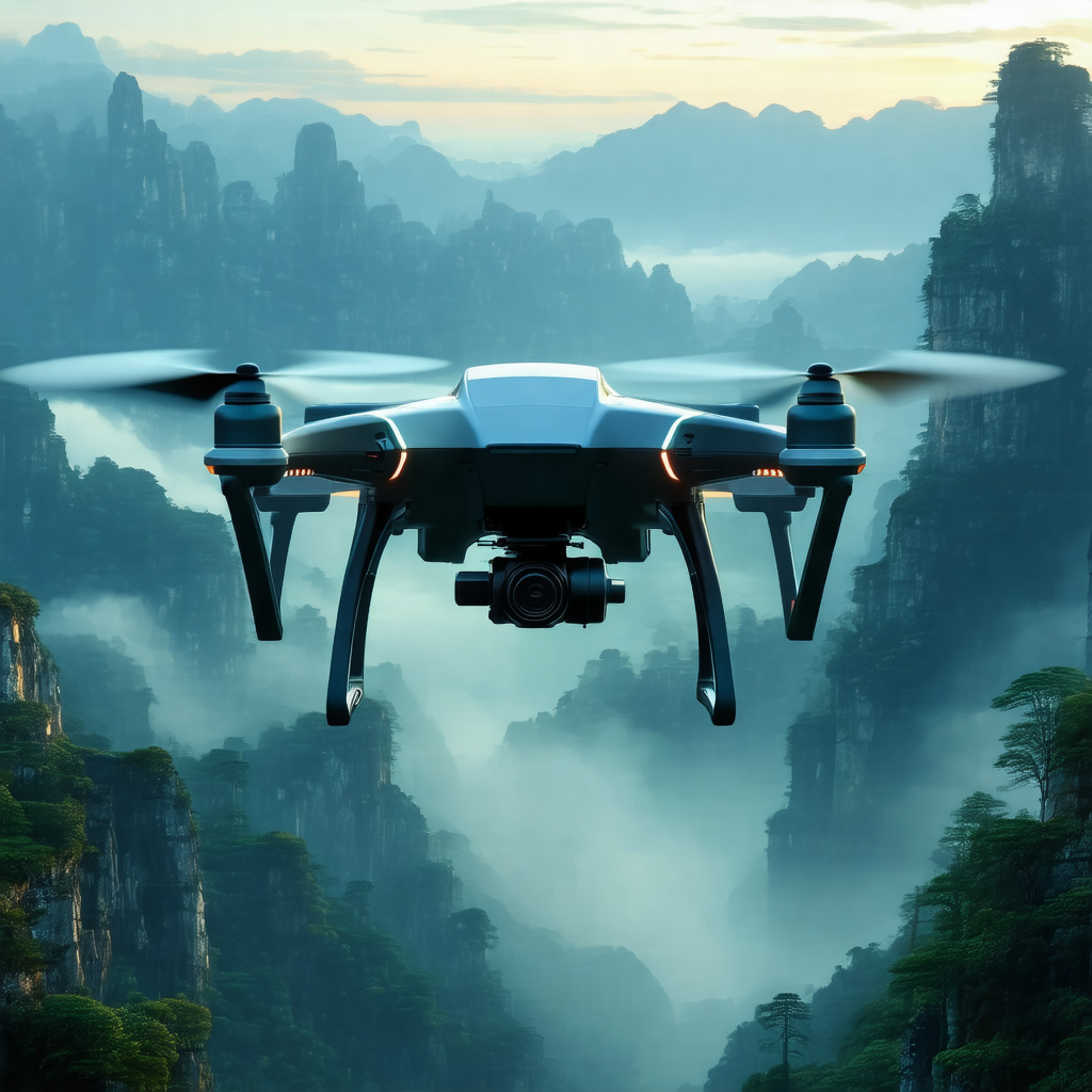 Drone flying high above a lush green forest