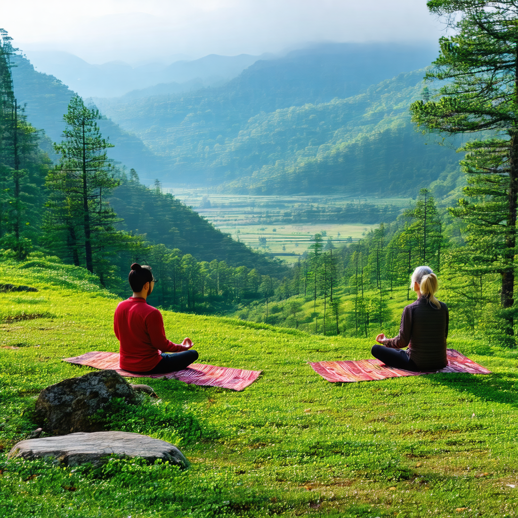 Two women sitting on the grass in a serene, natural setting