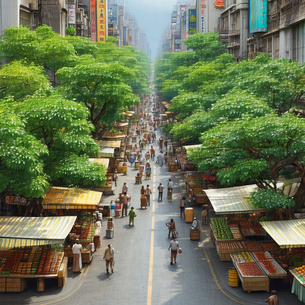 Bustling city street filled with people walking and shopping