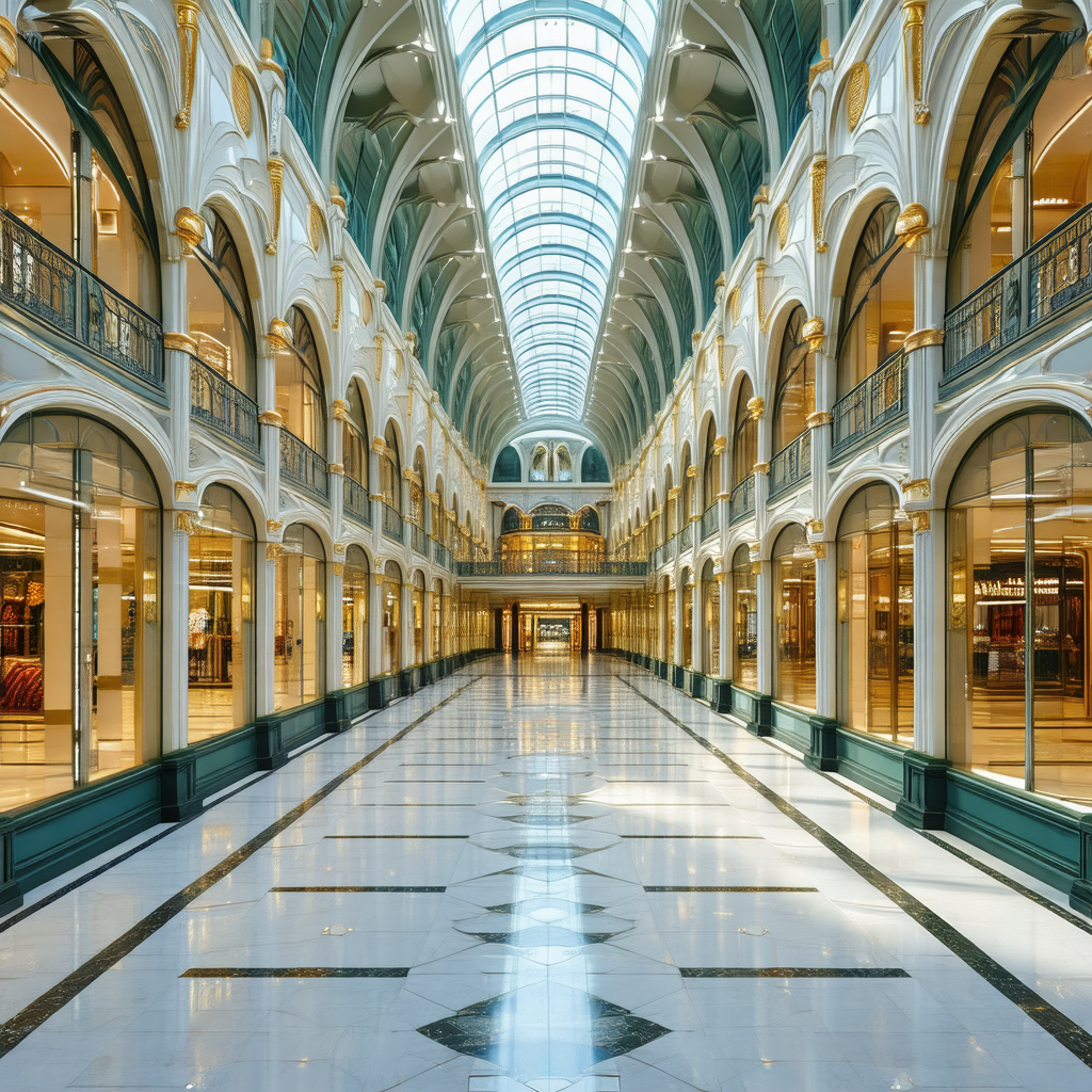 Large, open, and well-lit shopping mall with a high ceiling