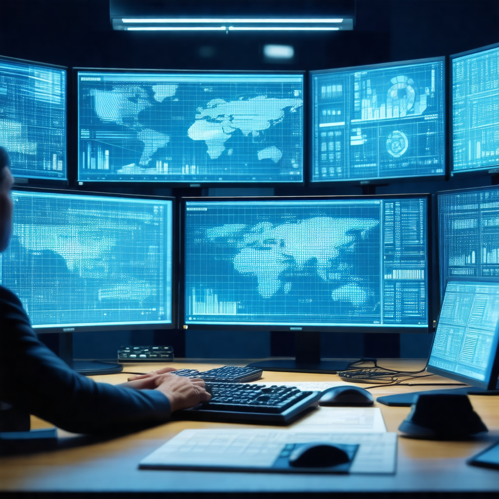 Man sitting at a desk in front of a large number of compu...