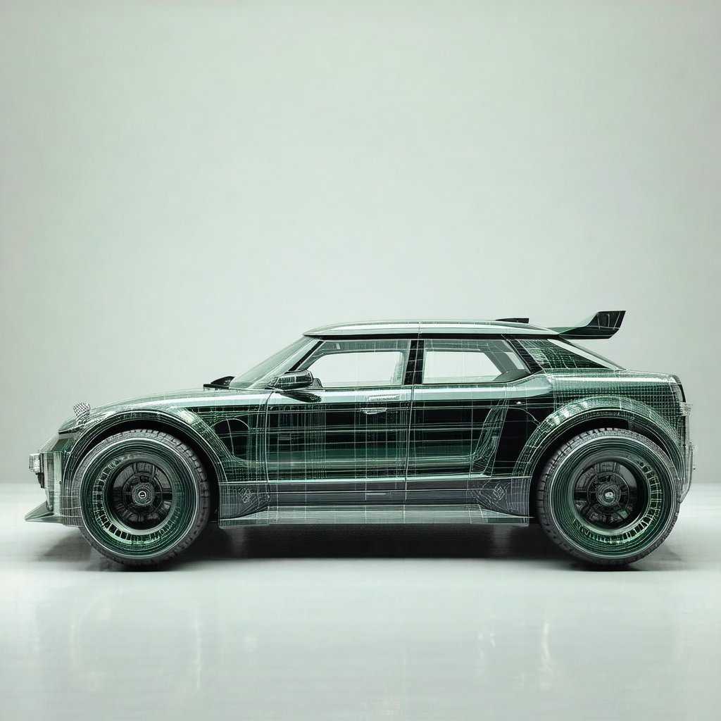 Sleek, futuristic sports car with a green hue