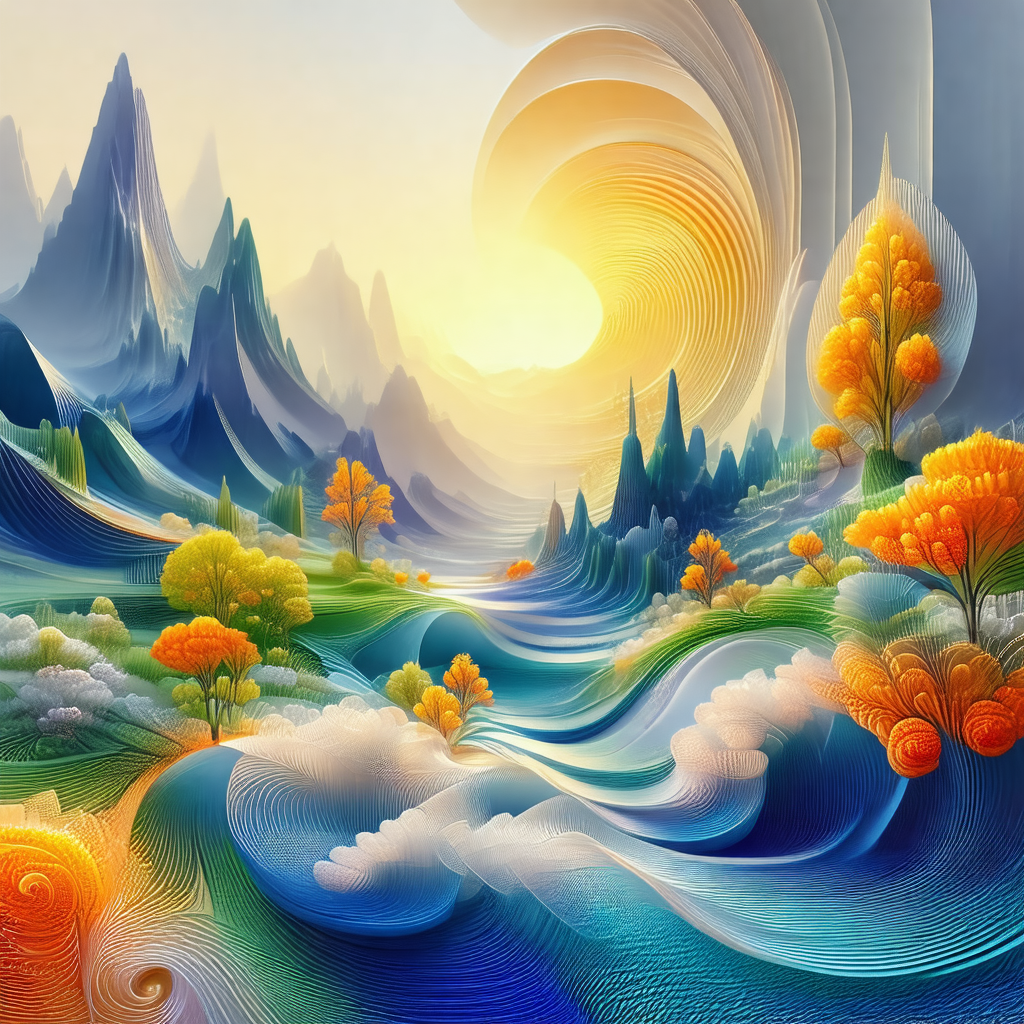 Painting of a beautiful landscape featuring a lush green ...