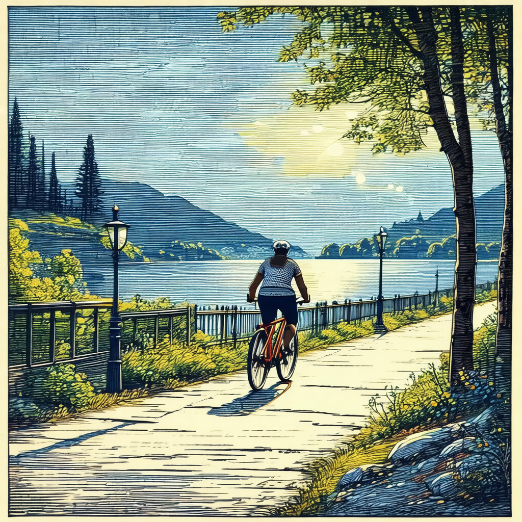 Painting of a man riding a bicycle on a path near a body ...
