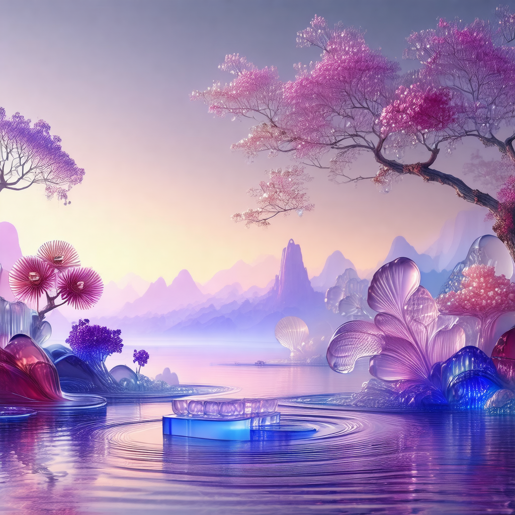 Painting of a serene scene with a body of water, possibly...