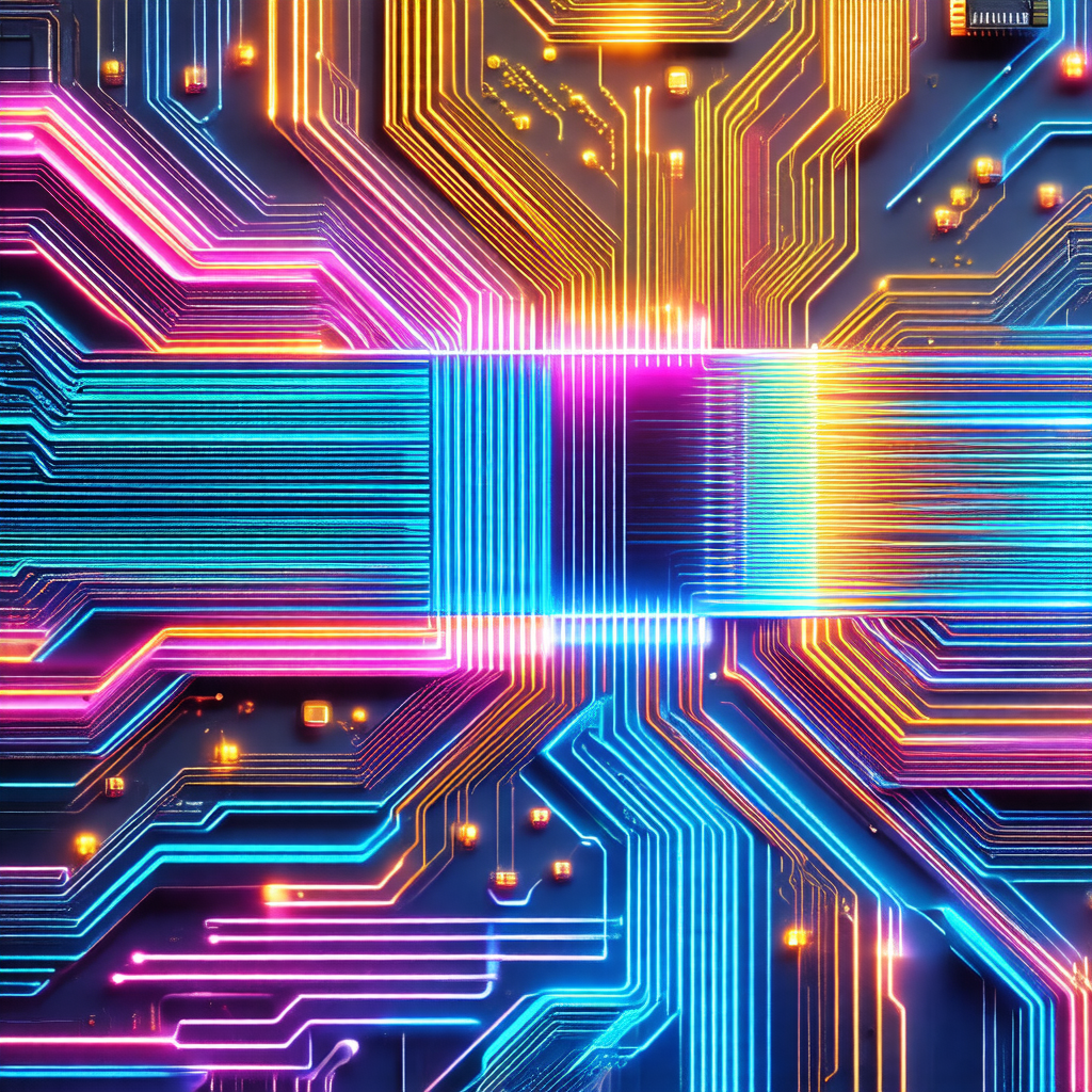 Close-up of a computer circuit board with a rainbow-color...