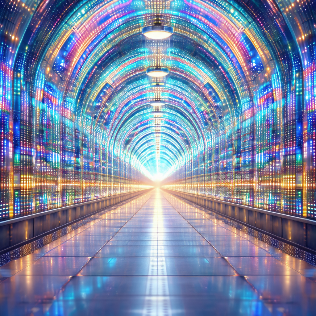 Long, brightly lit tunnel with a blue and purple color sc...
