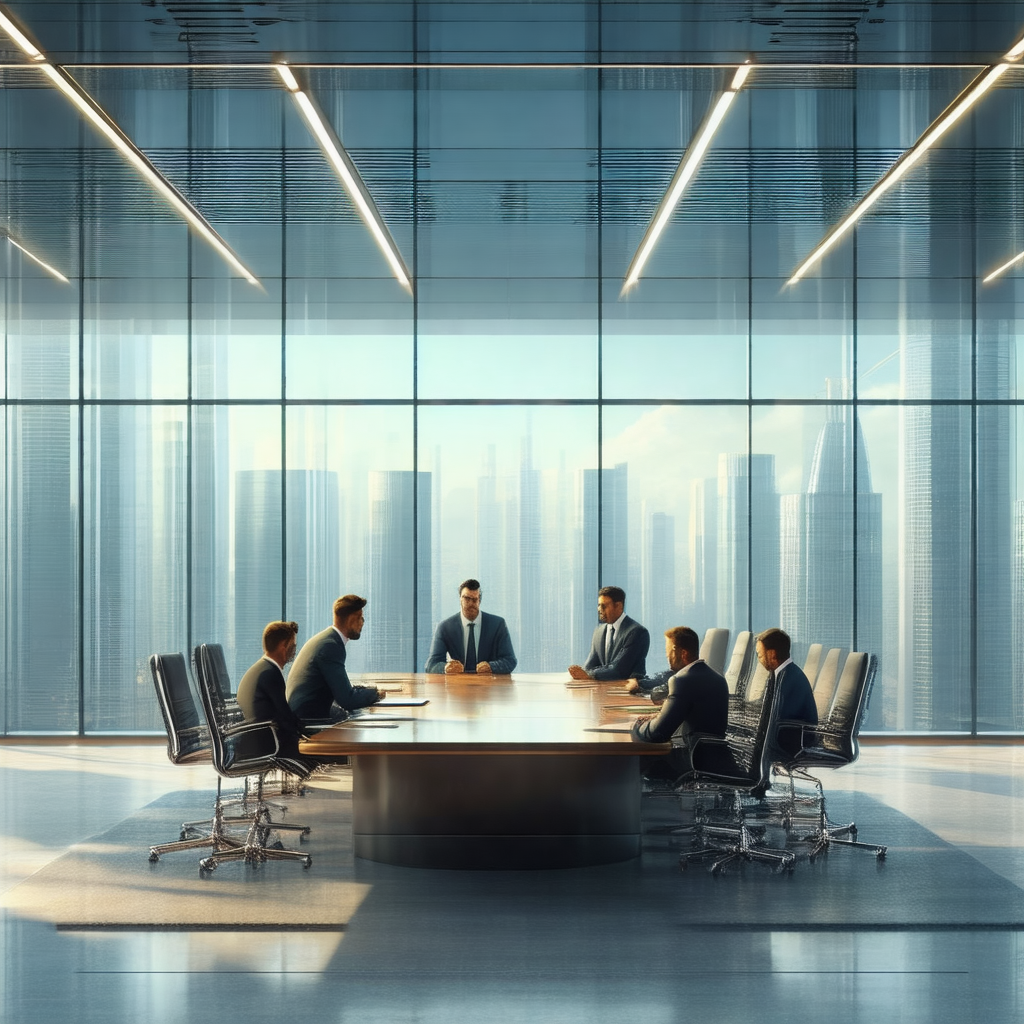 Group of men sitting around a large round table in a conf...