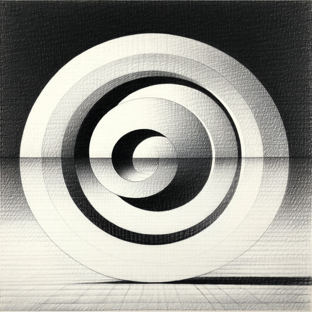 Black and white drawing of a large, circular object