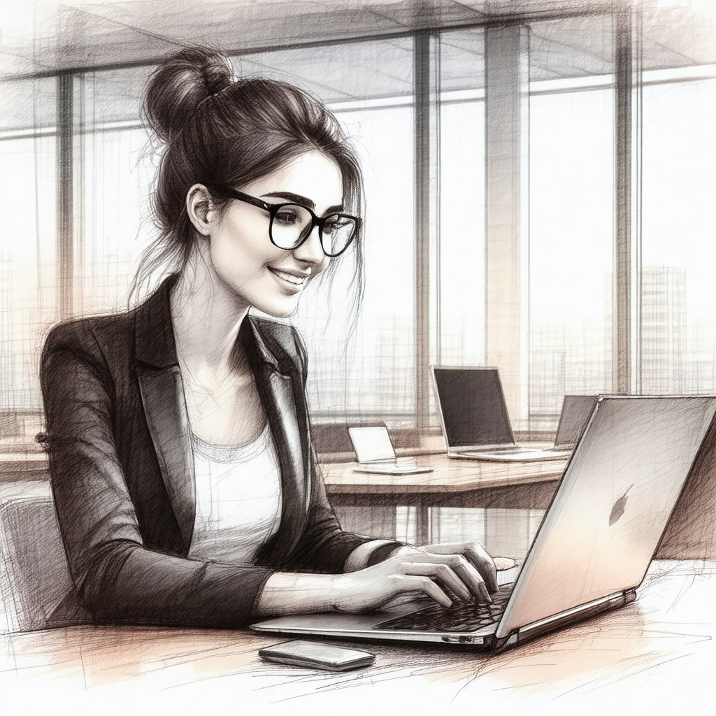 Woman sitting at a desk, working on a laptop computer