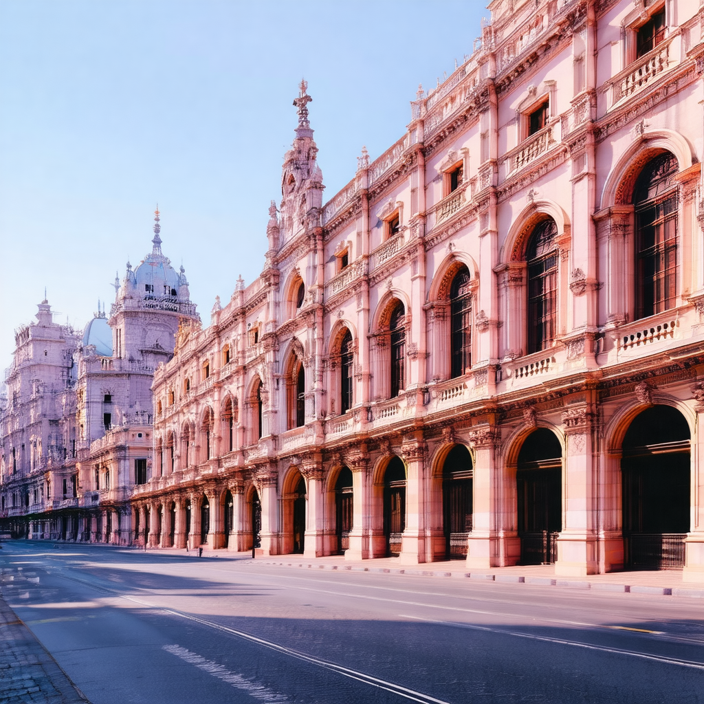 Large, ornate building with a pink facade