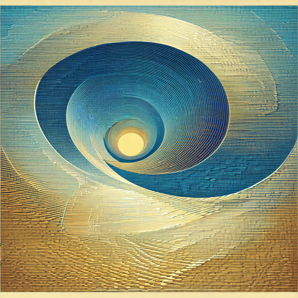Large, curved tunnel with a bright sun shining through it