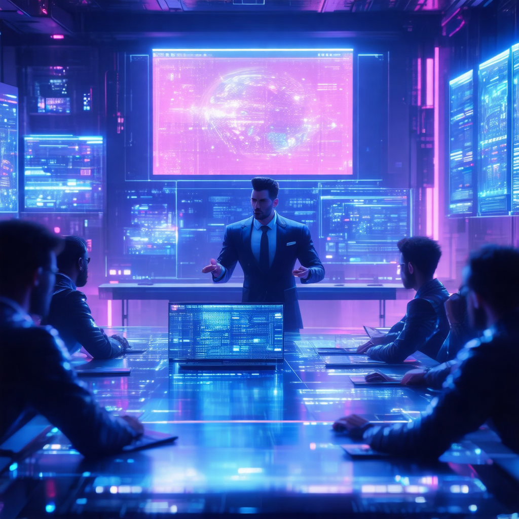Futuristic setting with a group of people gathered around...