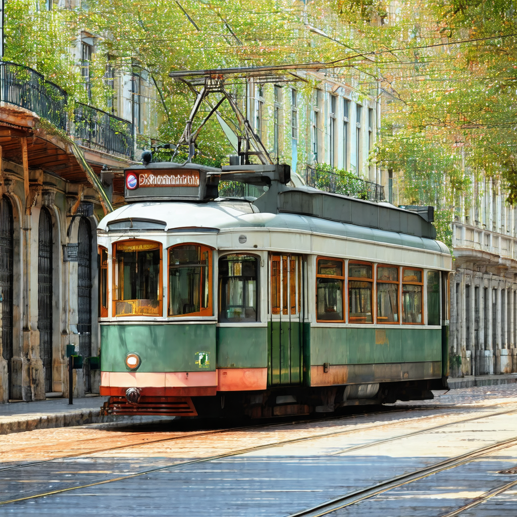 Green and white trolley car traveling down a street