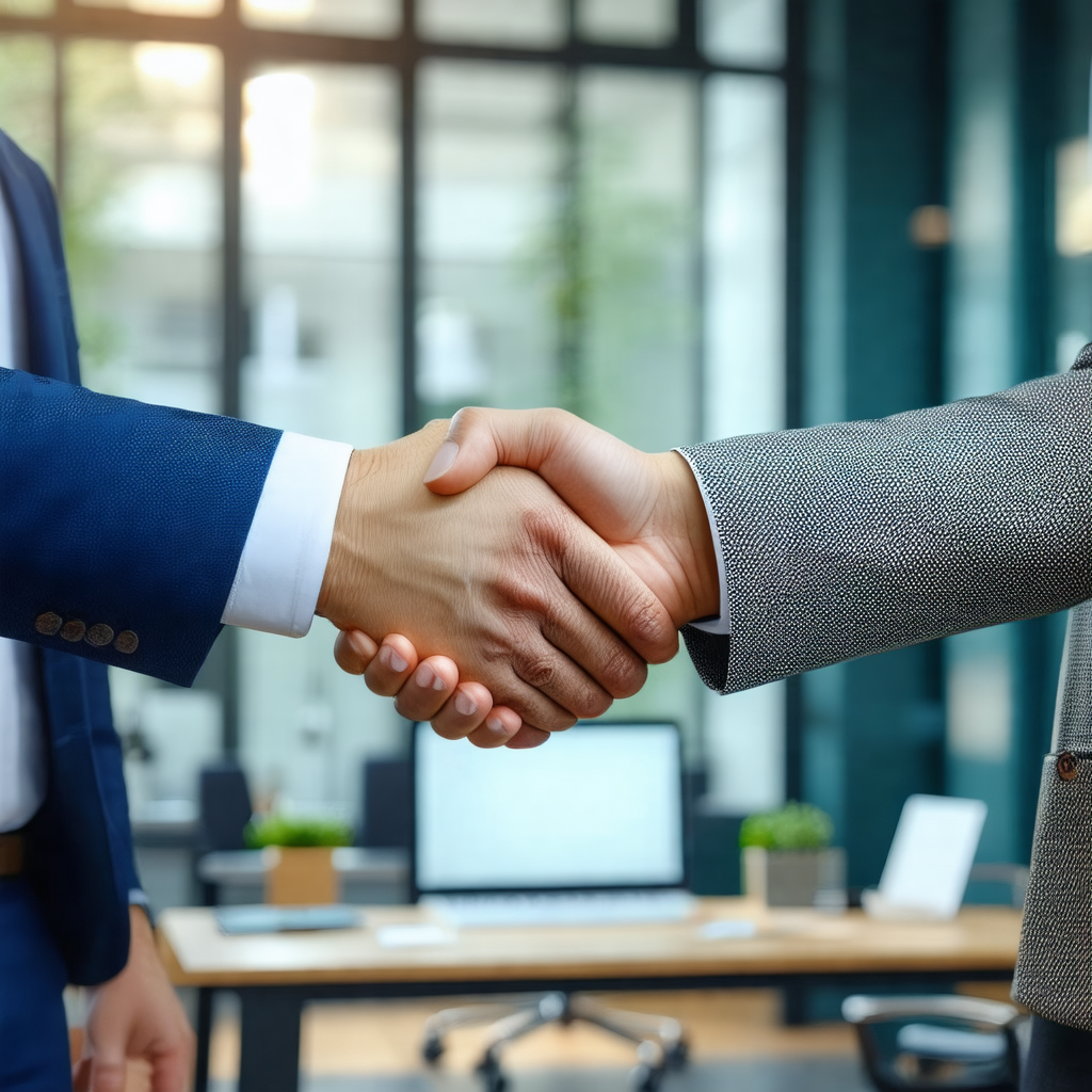 Two men shaking hands in a professional office setting