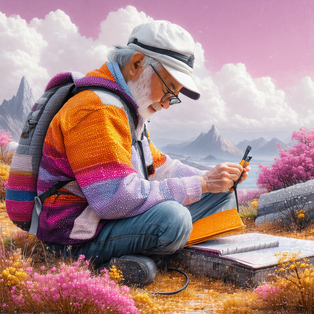 Painting of an older man sitting on the ground, surrounde...