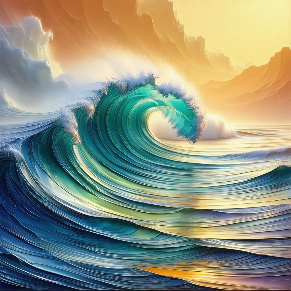 Large, colorful wave crashing onto a beach