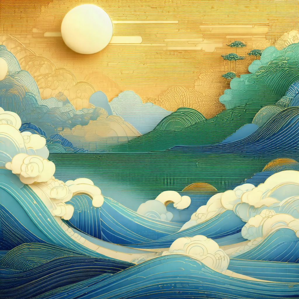 Beautifully crafted artwork of a wave with a sun in the m...