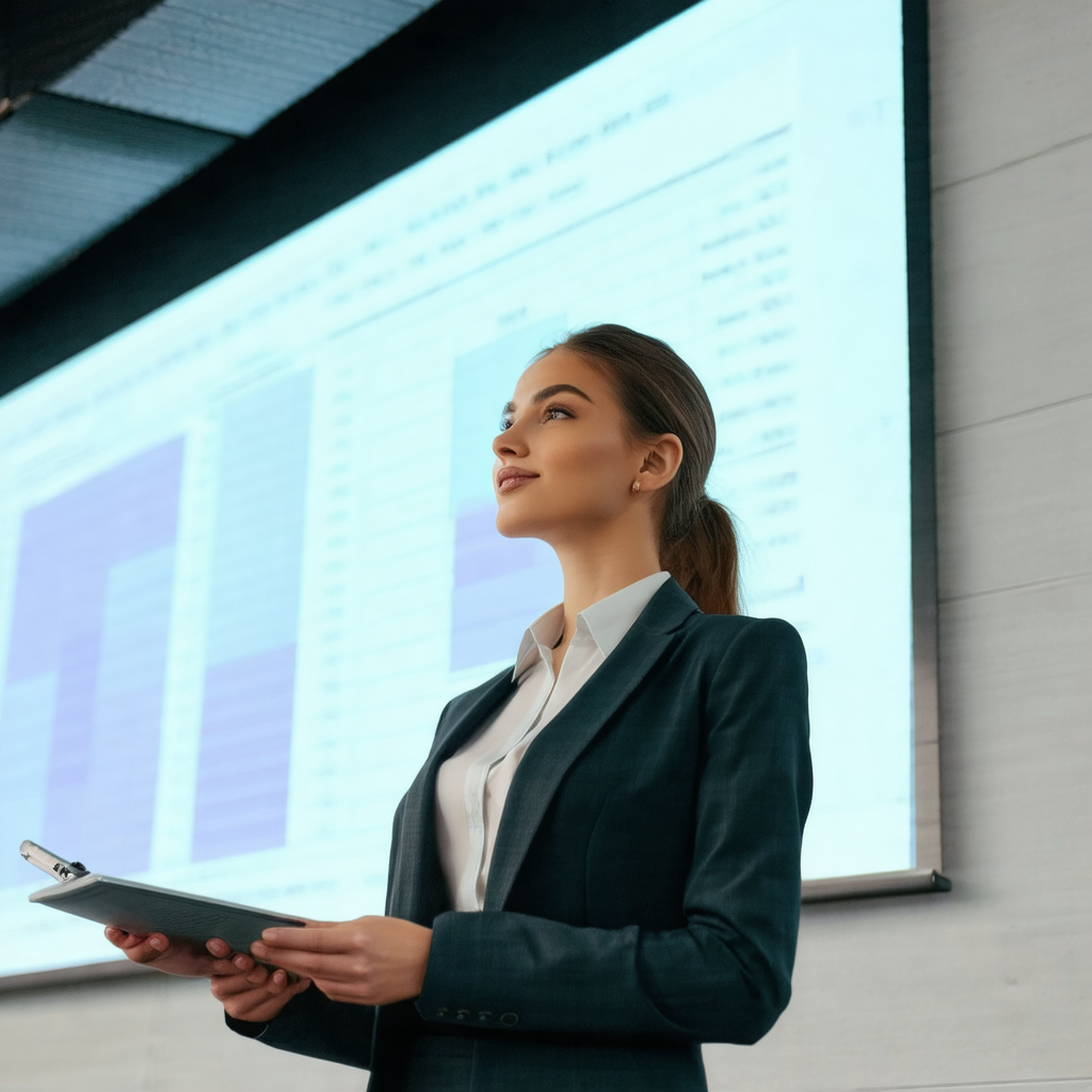 Woman standing in front of a large screen, possibly givin...