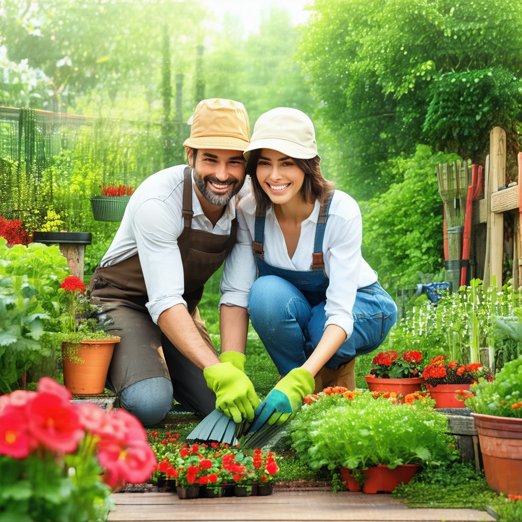 Man and a woman standing in a garden, both wearing hats a...
