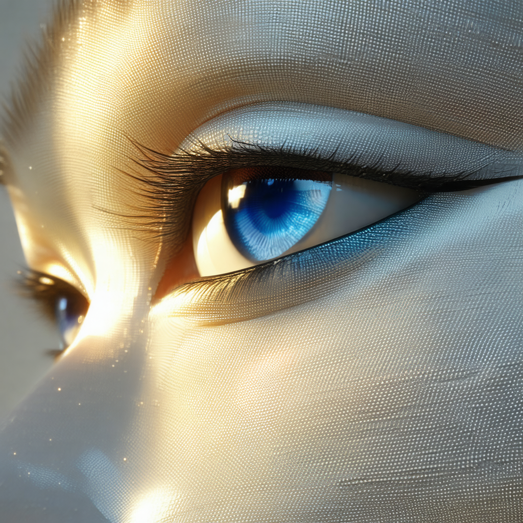 Close-up of a person's face, with a blue eye prominently ...