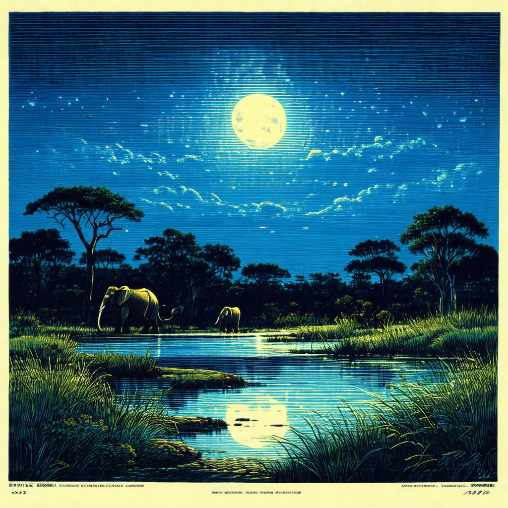 Serene scene of a group of elephants standing near a body...
