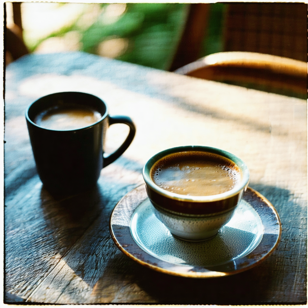 Wooden dining table with two cups of coffee placed on it