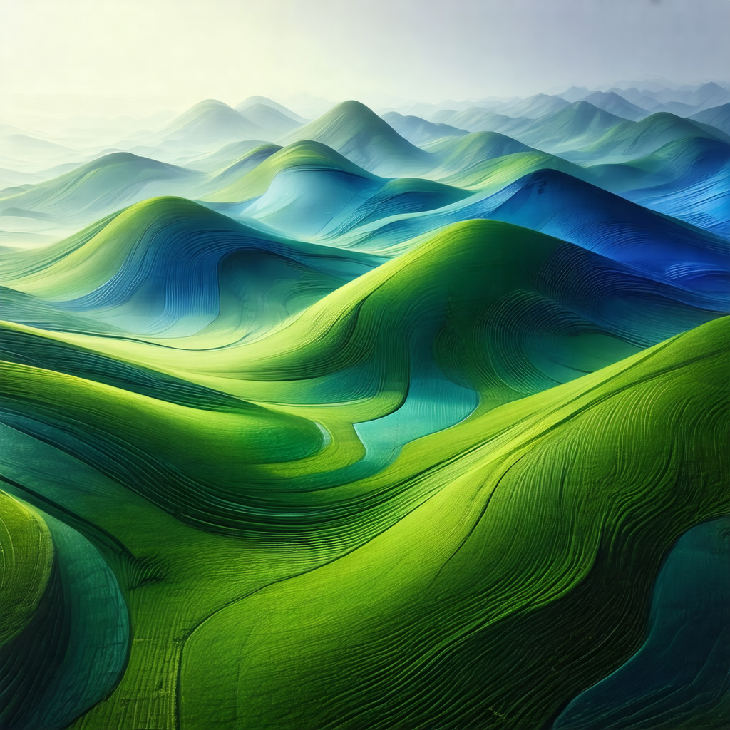 Large, lush green hillside with a blue and white color sc...