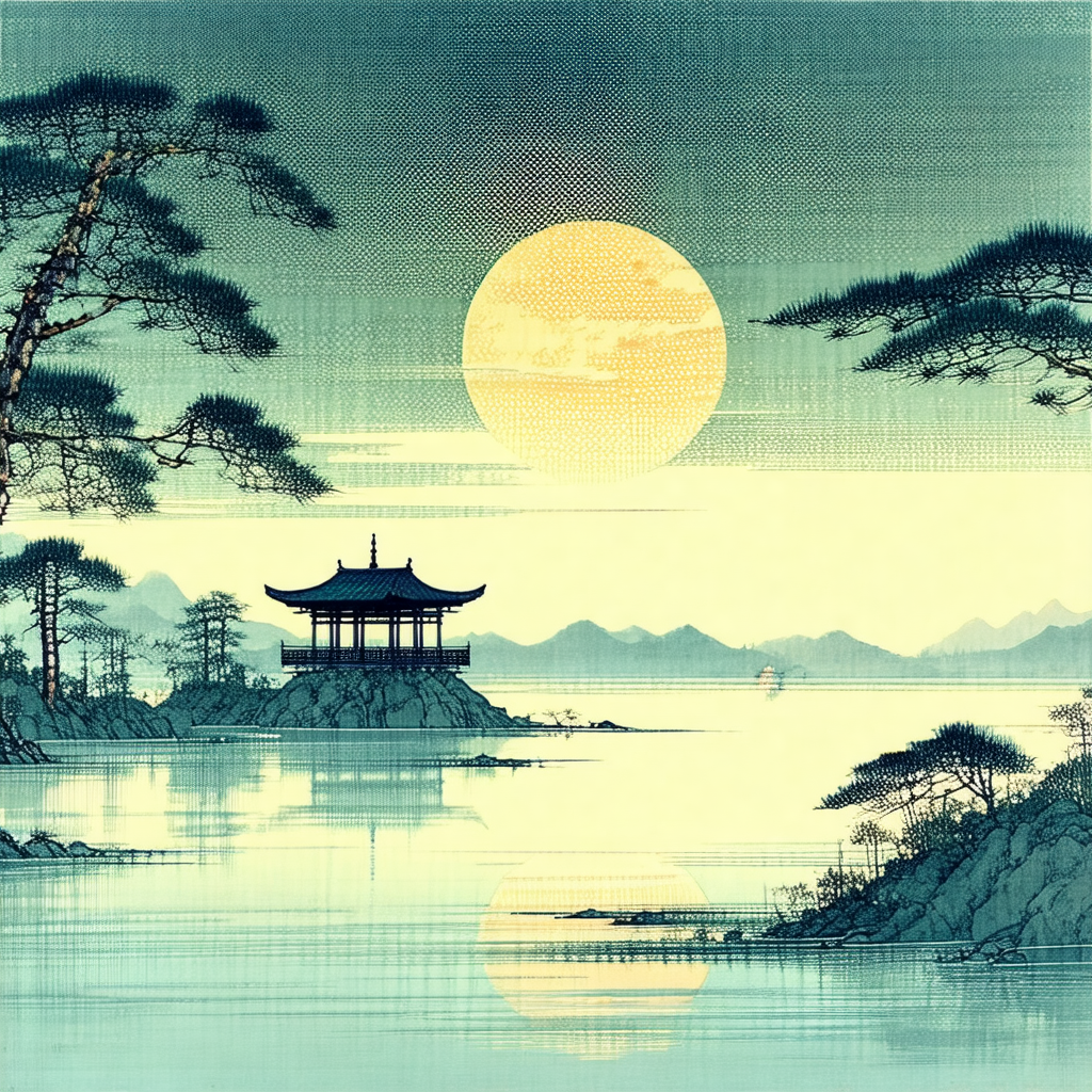 Serene scene of a small pagoda situated on a rocky island...