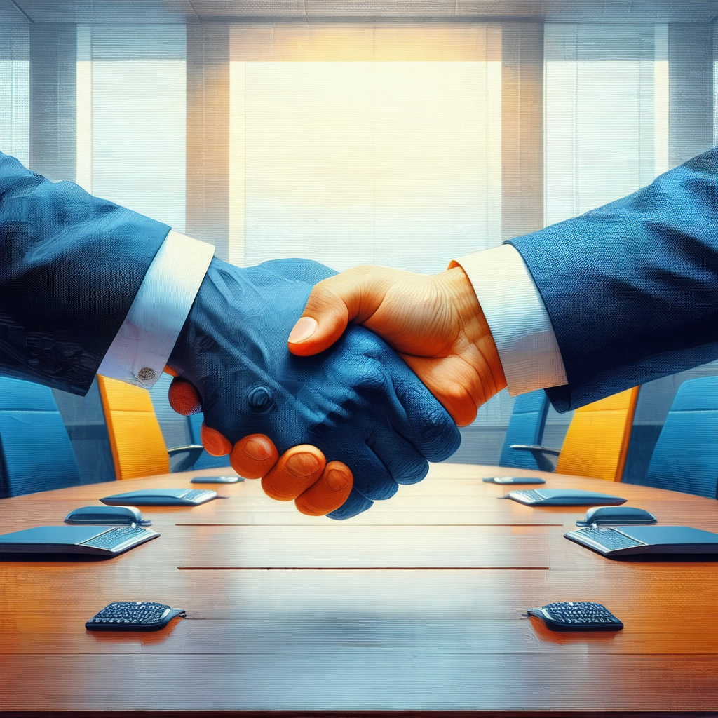 Man and a woman shaking hands in a business setting