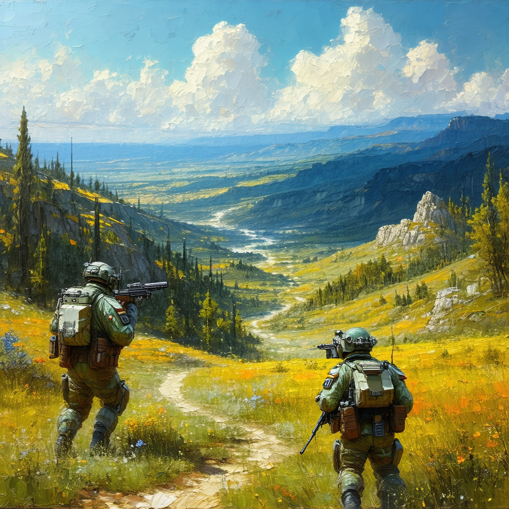 Two men in military uniforms walking through a grassy field