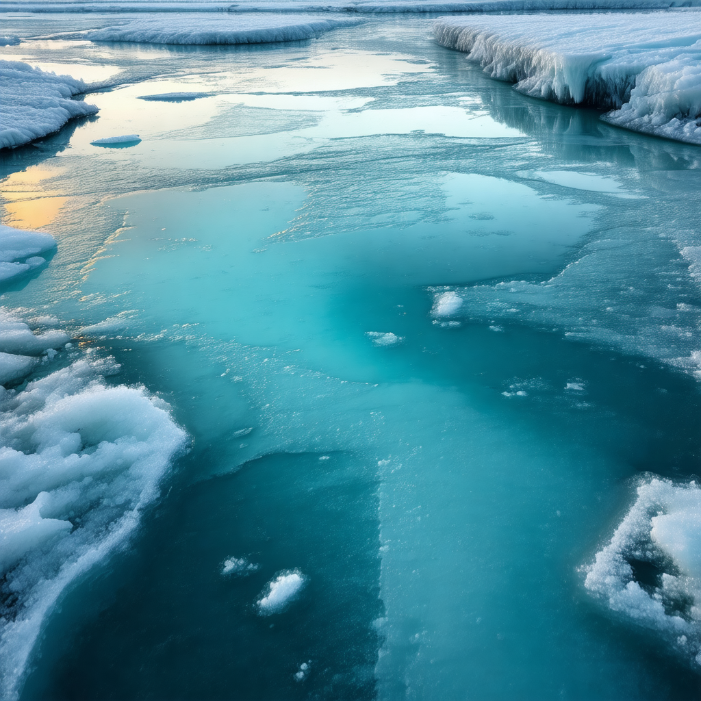 Frozen river with a blue-green hue, surrounded by snow-co...