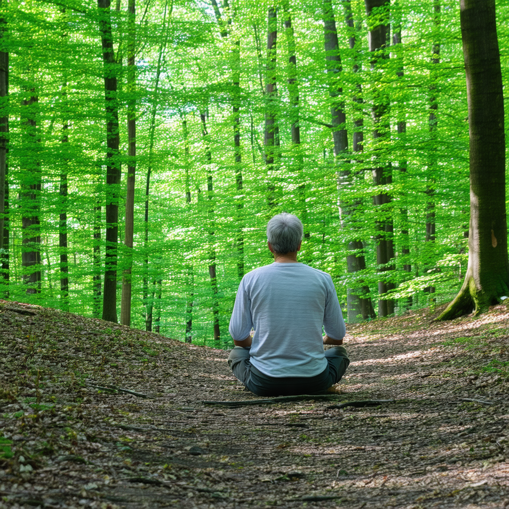 Man sitting on the ground in a forest, surrounded by trees