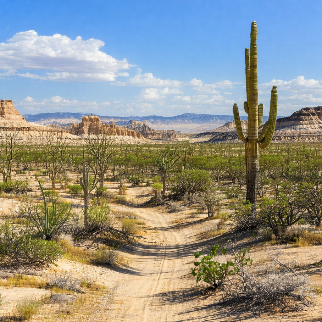 Desert landscape with a cactus plant standing prominently...