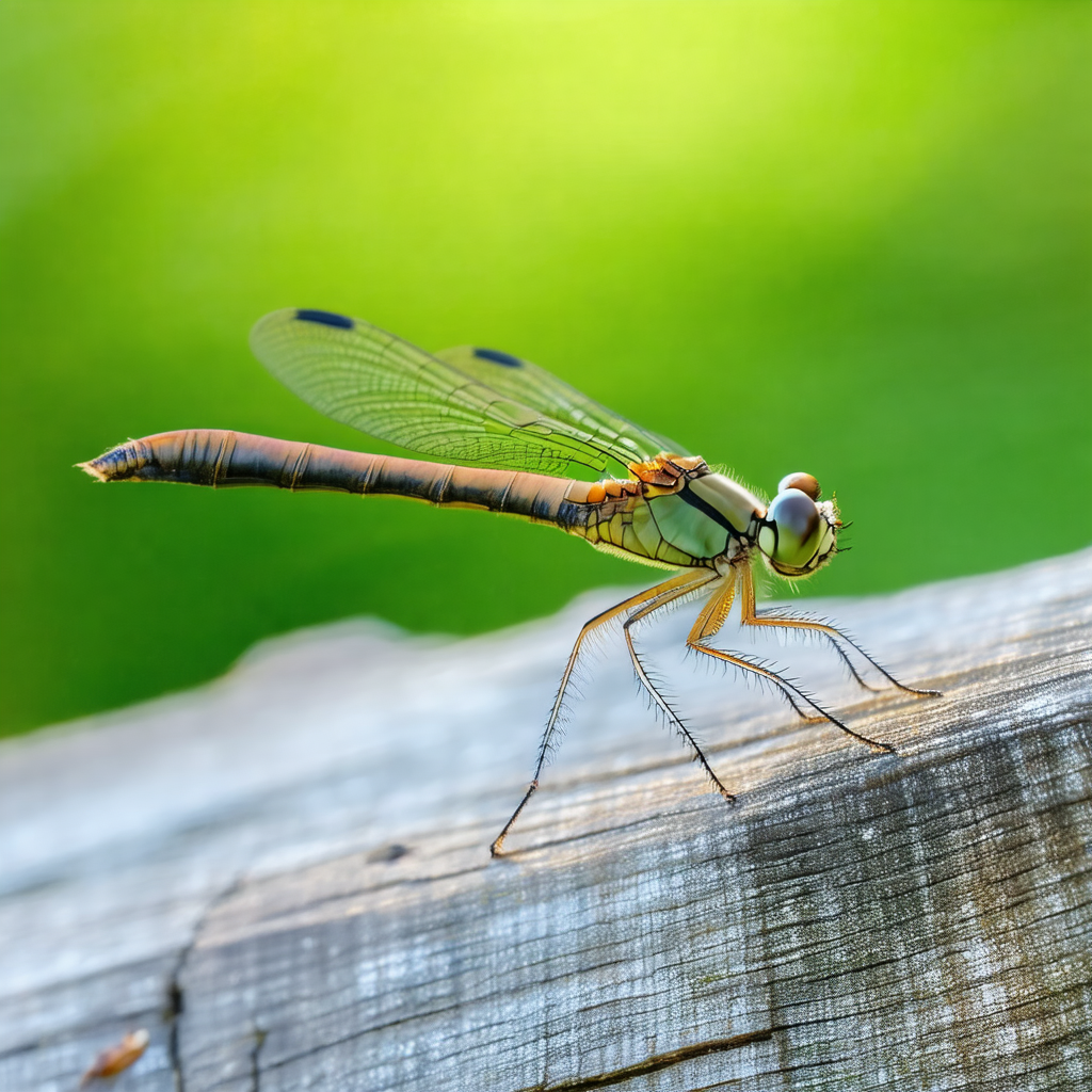 Dragonfly perched on a wooden post or fence