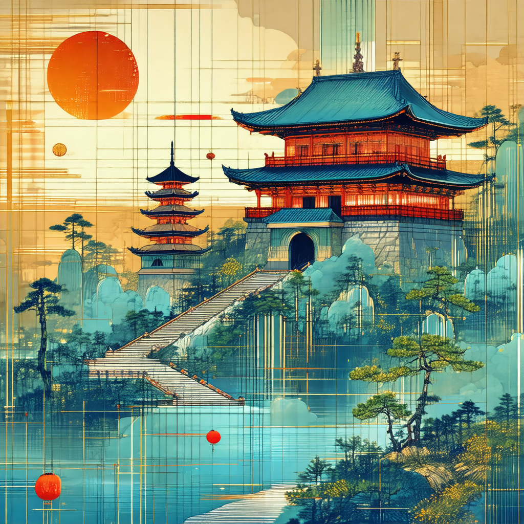 Painting of a chinese palace, featuring a large building ...