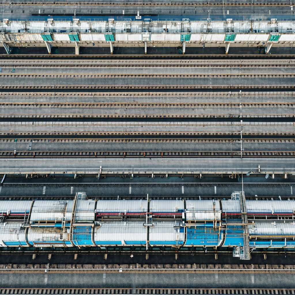 Train yard with multiple train cars parked on the tracks