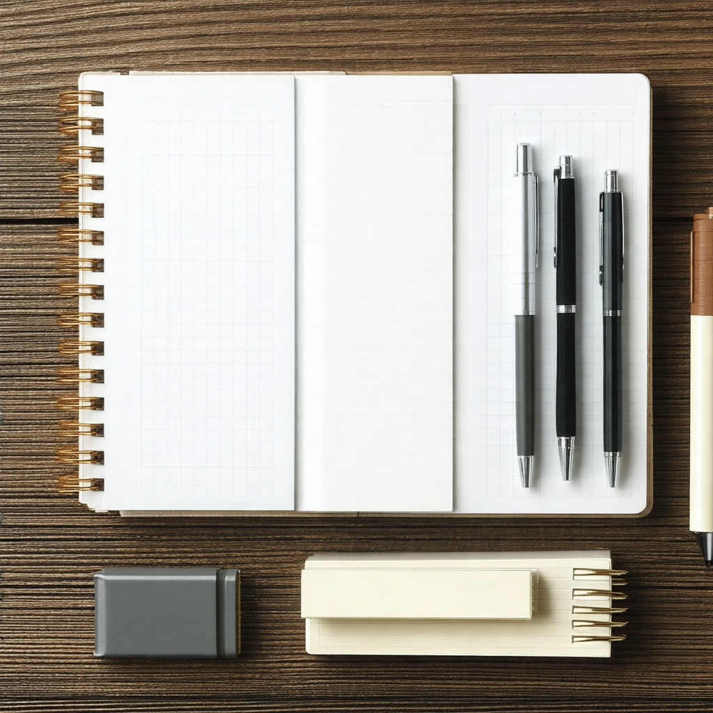 Wooden desk with various writing utensils and notebooks