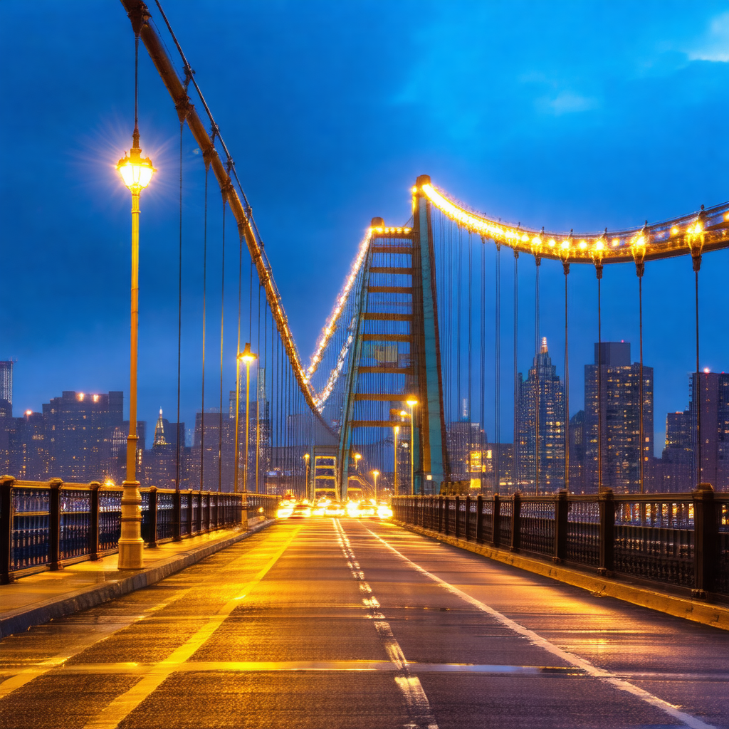 Captures a beautiful cityscape at night, with a long brid...
